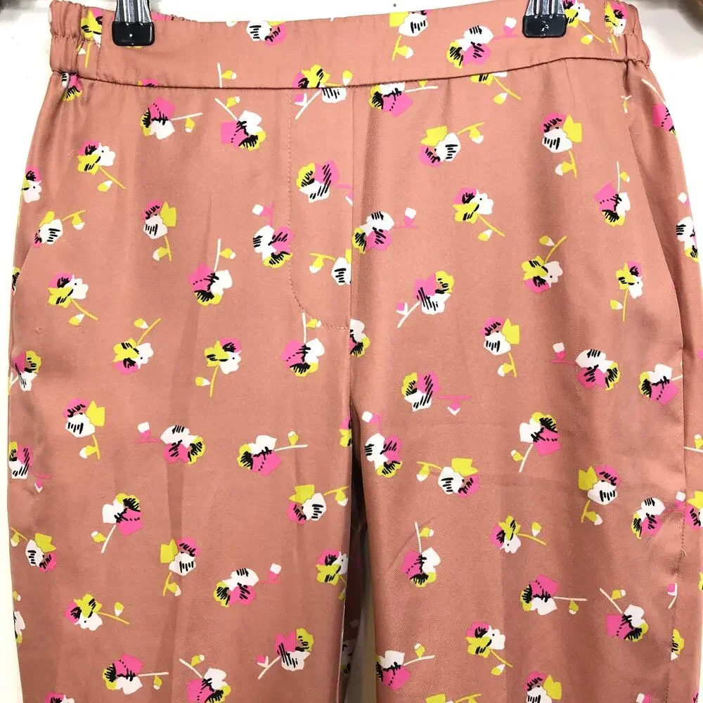 J. Crew Pants Pink Floral Pansies Print Satin Skinny Leg Pull On Trouser 0